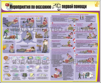 Стандартный стенд «Мероприятия по оказанию первой помощи» (60 х 70 см) в металлической рамке